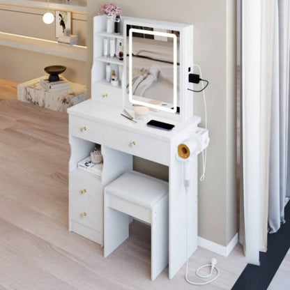 29.2 Small Size Left Drawer Desktop Vanity Table+ Cushioned Stool, 2 AC+2 USB Power Station, Hair dryer bracket, Large Control Sliding LED Mirror, Tri - color Switching, Brightness Adjust