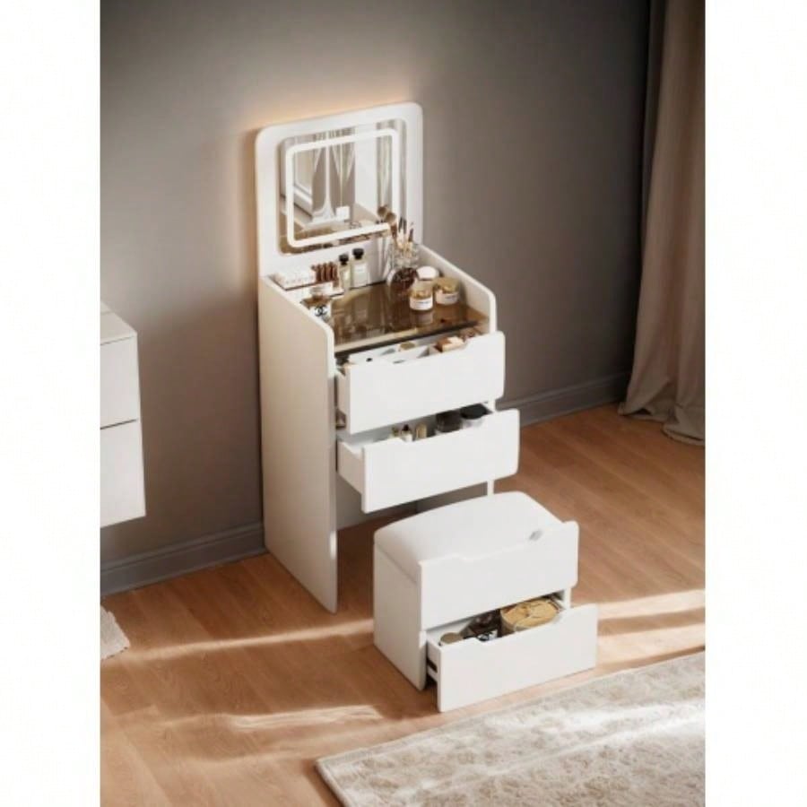 60CM 3 in 1 Vanity Desk with Plip Top Mirror, Small Make Up Vanity Set with Visible Glass Desktop, Compact Makeup Vanity with 3 Drawers, Cushioned, Dressing Table Bedroom BACK TO SCHOOL