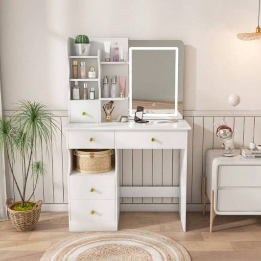 White dressing table, mirror and LED light, 5 - drawer dressing table, movable and hidden mirror, 3 - color mode screen, storage organizer womens and girls bedrooms