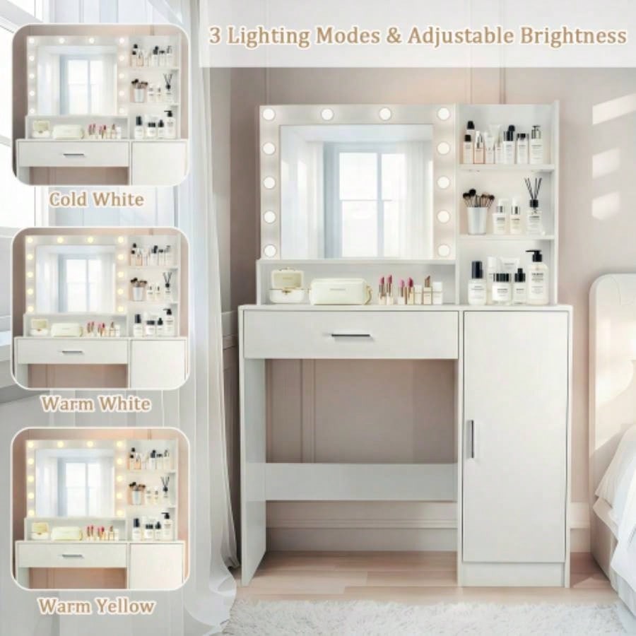 Vanity Desk with Mirror and Lights, Makeup Vanity with Drawer Storage Cabinet, 3 Lighting Modes Adjustable Brightness, Dressing Table with Open Shelves Bedroom, Dressing Room, White