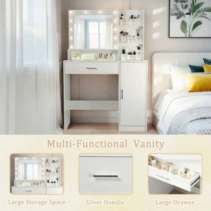 Vanity Desk with Mirror and Lights, Makeup Vanity with Drawer Storage Cabinet, 3 Lighting Modes Adjustable Brightness, Dressing Table with Open Shelves Bedroom, Dressing Room, White