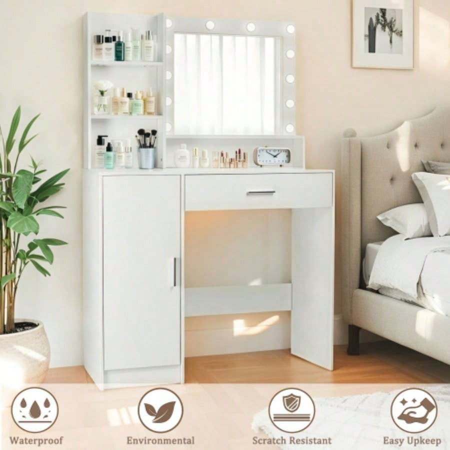 Vanity Desk with Mirror and Lights, Makeup Vanity with Drawer Storage Cabinet, 3 Lighting Modes Adjustable Brightness, Dressing Table with Open Shelves Bedroom, Dressing Room, White