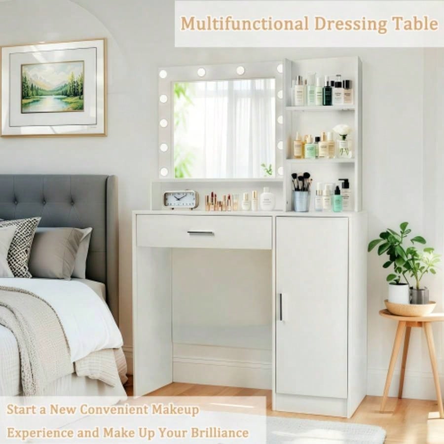 Vanity Desk with Mirror and Lights, Makeup Vanity with Drawer Storage Cabinet, 3 Lighting Modes Adjustable Brightness, Dressing Table with Open Shelves Bedroom, Dressing Room, White