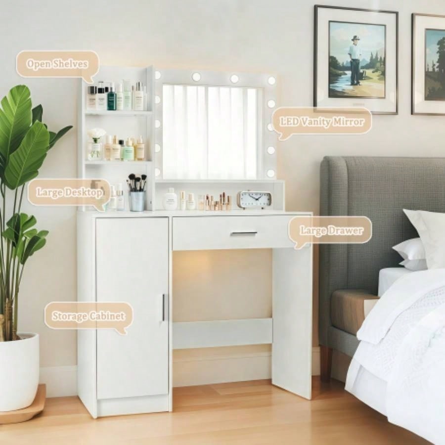 Vanity Desk with Mirror and Lights, Makeup Vanity with Drawer Storage Cabinet, 3 Lighting Modes Adjustable Brightness, Dressing Table with Open Shelves Bedroom, Dressing Room, White
