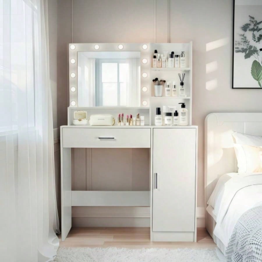 Vanity Desk with Mirror and Lights, Makeup Vanity with Drawer Storage Cabinet, 3 Lighting Modes Adjustable Brightness, Dressing Table with Open Shelves Bedroom, Dressing Room, White