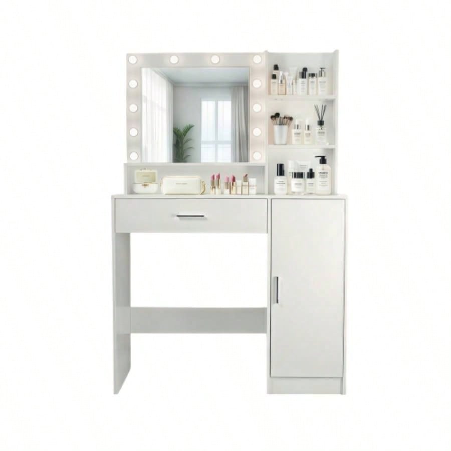 Vanity Desk with Mirror and Lights, Makeup Vanity with Drawer Storage Cabinet, 3 Lighting Modes Adjustable Brightness, Dressing Table with Open Shelves Bedroom, Dressing Room, White