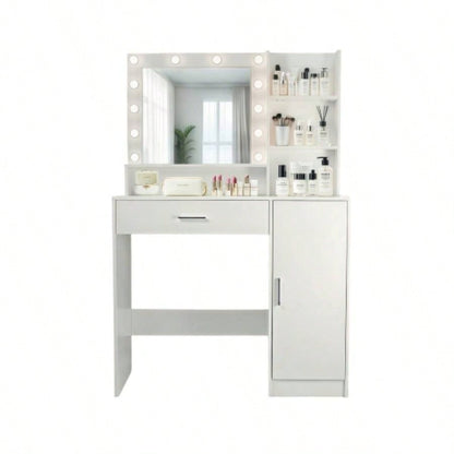 Vanity Desk with Mirror and Lights, Makeup Vanity with Drawer Storage Cabinet, 3 Lighting Modes Adjustable Brightness, Dressing Table with Open Shelves Bedroom, Dressing Room, White