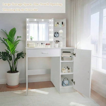 Vanity Desk with Mirror and Lights, Makeup Vanity with Drawer Storage Cabinet, 3 Lighting Modes Adjustable Brightness, Dressing Table with Open Shelves Bedroom, Dressing Room, White