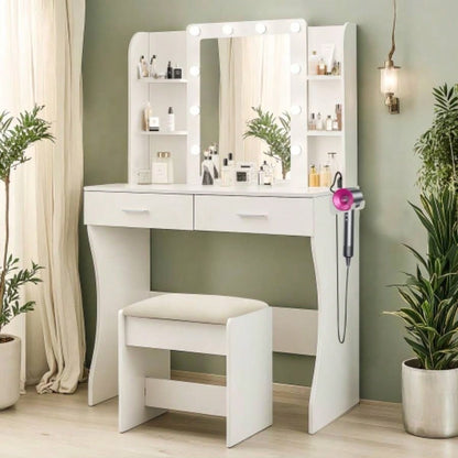 Vanity Desk with Mirror and Lights, Makeup Vanity with Drawer Storage Cabinet, 3 Lighting Modes Adjustable Brightness, Dressing Table with Open Shelves Bedroom, Dressing Room, White