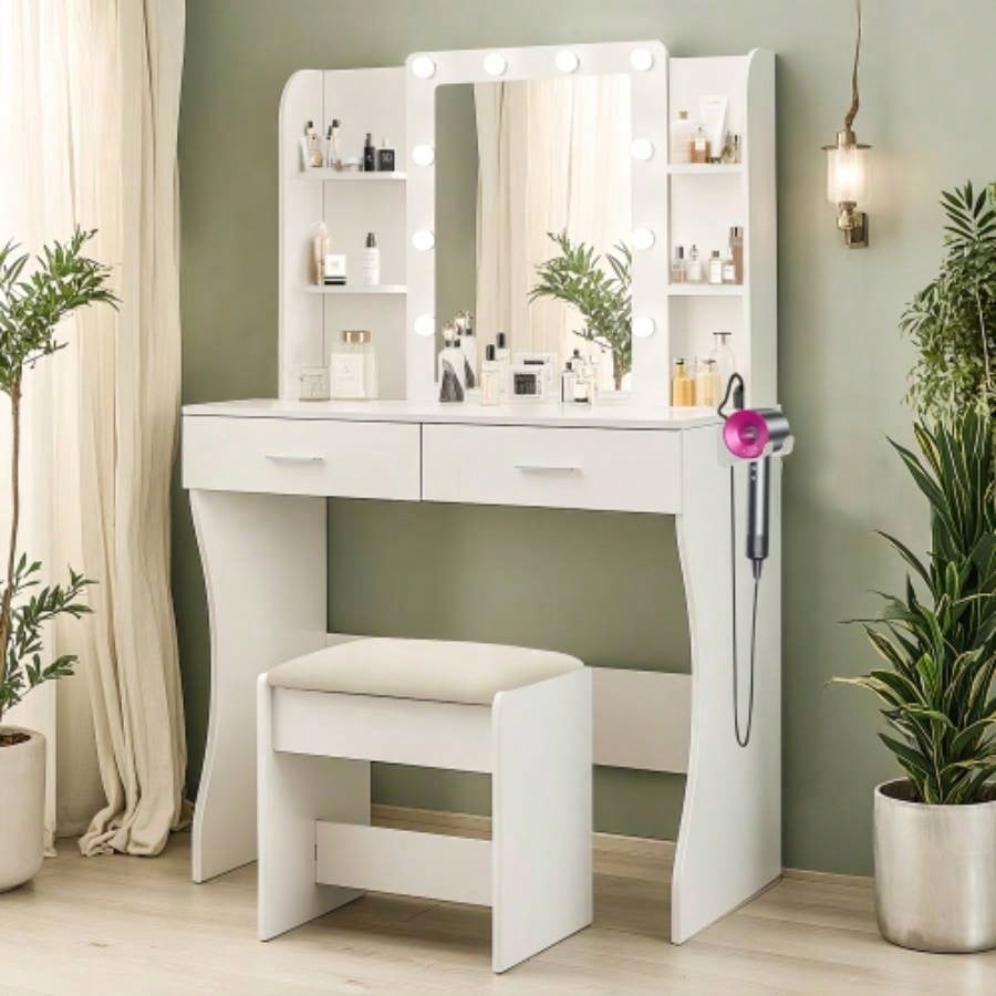 Vanity Desk with Mirror and Lights, Makeup Vanity with Drawer Storage Cabinet, 3 Lighting Modes Adjustable Brightness, Dressing Table with Open Shelves Bedroom, Dressing Room, White