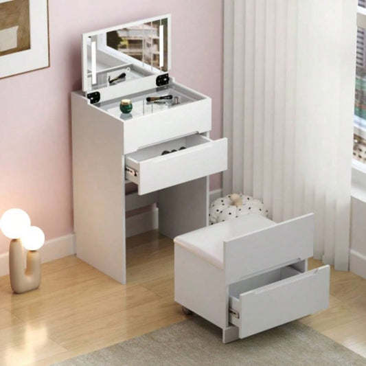 3 in 1 Vanity Desk with open Top Mirror, Small Make Up Vanity Set with Visible Glass Desktop, Compact Makeup Vanity with 3 Drawers, Dressing Table Bedroom