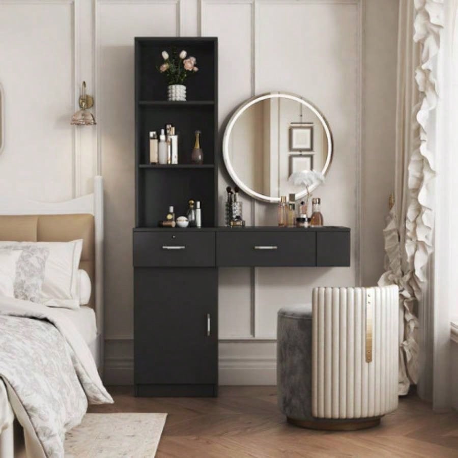 3 in 1 Vanity Desk with open Top Mirror, Small Make Up Vanity Set with Visible Glass Desktop, Compact Makeup Vanity with 3 Drawers, Dressing Table Bedroom