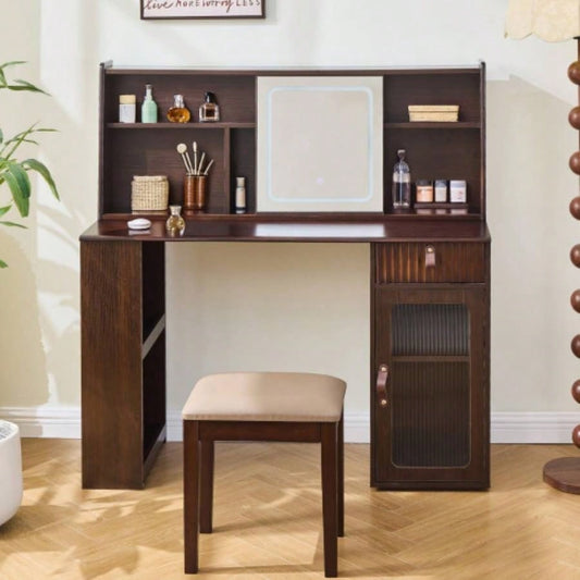 Elegant makeup vanity desk with 3 modes Adjustable Lighted Mirror, modern dressing table set with large shelves, drawer and canbinet, Walnut