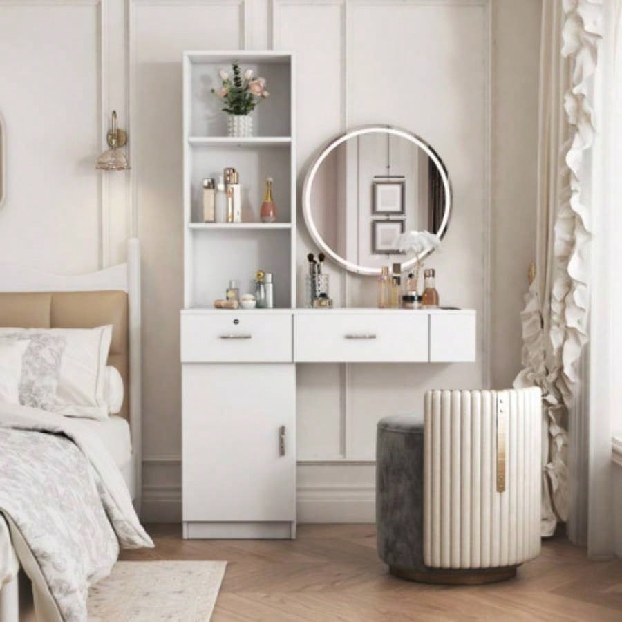 3 in 1 Vanity Desk with open Top Mirror, Small Make Up Vanity Set with Visible Glass Desktop, Compact Makeup Vanity with 3 Drawers, Dressing Table Bedroom