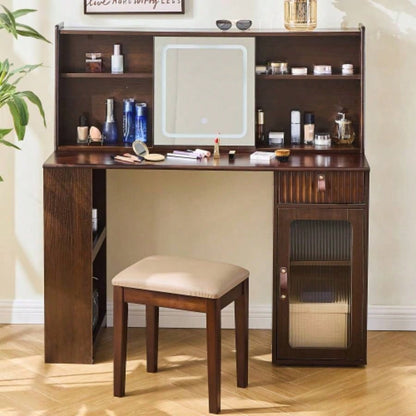 Elegant makeup vanity desk with 3 modes Adjustable Lighted Mirror, modern dressing table set with large shelves, drawer and canbinet, Walnut
