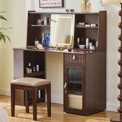 Elegant makeup vanity desk with 3 modes Adjustable Lighted Mirror, modern dressing table set with large shelves, drawer and canbinet, Walnut