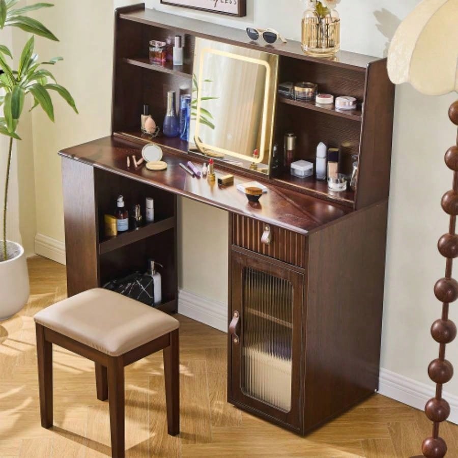 Elegant makeup vanity desk with 3 modes Adjustable Lighted Mirror, modern dressing table set with large shelves, drawer and canbinet, Walnut
