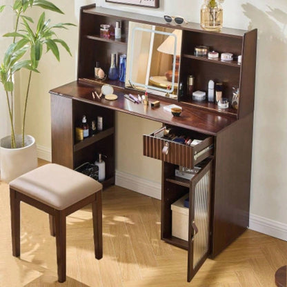 Elegant makeup vanity desk with 3 modes Adjustable Lighted Mirror, modern dressing table set with large shelves, drawer and canbinet, Walnut
