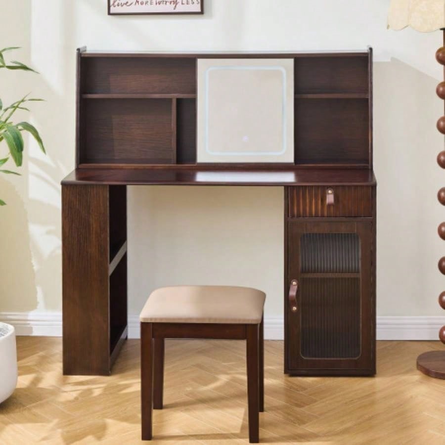 Elegant makeup vanity desk with 3 modes Adjustable Lighted Mirror, modern dressing table set with large shelves, drawer and canbinet, Walnut