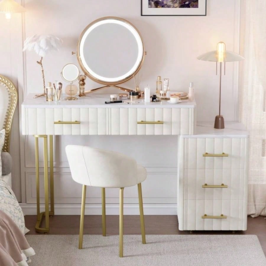 Velvet Upholstered Vanity Desk with Chair, Vanity Set with 5 Big Drawers, Makeup Table with Padded Chair, Marble - Look Sticker Top Dressing Table with Left/Right Adjustable Storage, Beige