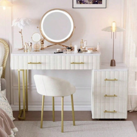 Velvet Upholstered Vanity Desk with Chair, Vanity Set with 5 Big Drawers, Makeup Table with Padded Chair, Marble - Look Sticker Top Dressing Table with Left/Right Adjustable Storage, Beige