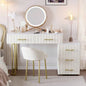Velvet Upholstered Vanity Desk with Chair, Vanity Set with 5 Big Drawers, Makeup Table with Padded Chair, Marble - Look Sticker Top Dressing Table with Left/Right Adjustable Storage, Beige