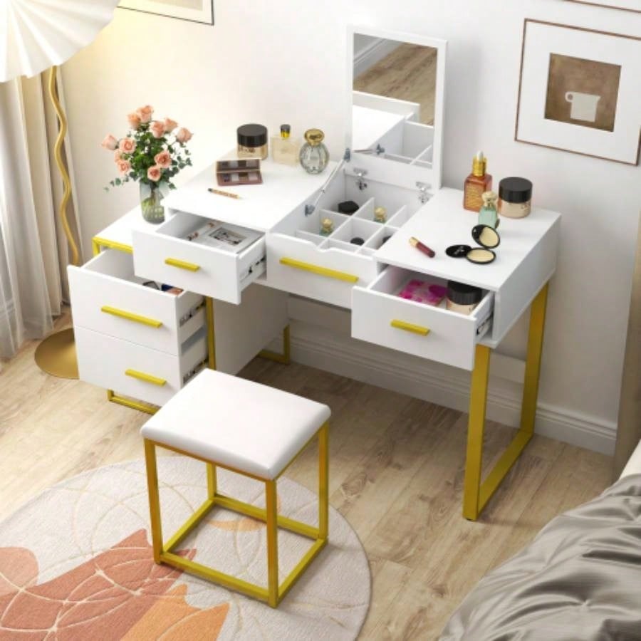 3 in 1 Vanity Desk with open Top Mirror, Small Make Up Vanity Set with Visible Glass Desktop, Compact Makeup Vanity with 3 Drawers, Dressing Table Bedroom