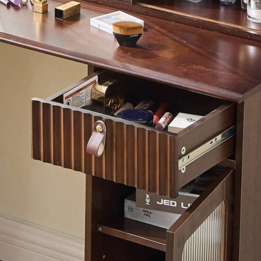 Elegant makeup vanity desk with 3 modes Adjustable Lighted Mirror, modern dressing table set with large shelves, drawer and canbinet, Walnut