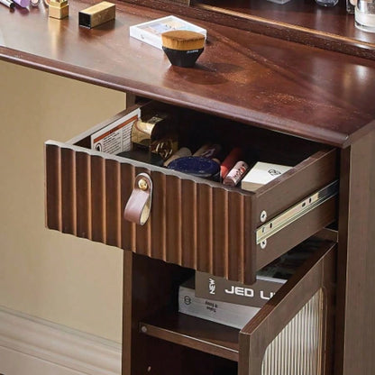Elegant makeup vanity desk with 3 modes Adjustable Lighted Mirror, modern dressing table set with large shelves, drawer and canbinet, Walnut