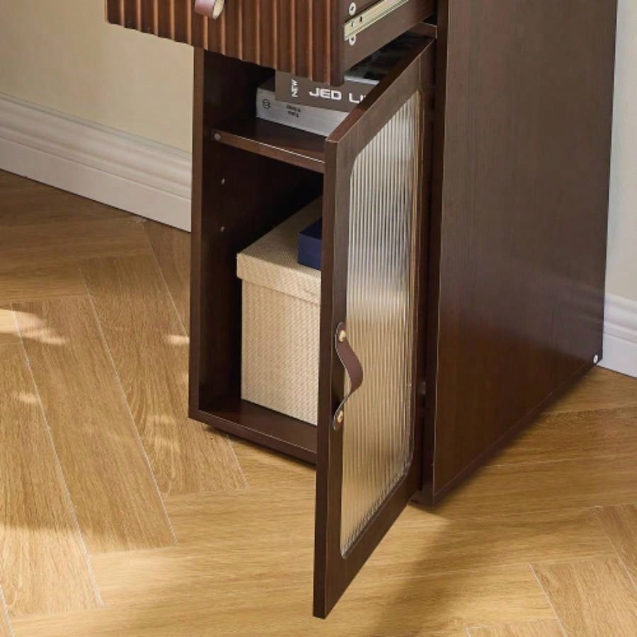 Elegant makeup vanity desk with 3 modes Adjustable Lighted Mirror, modern dressing table set with large shelves, drawer and canbinet, Walnut