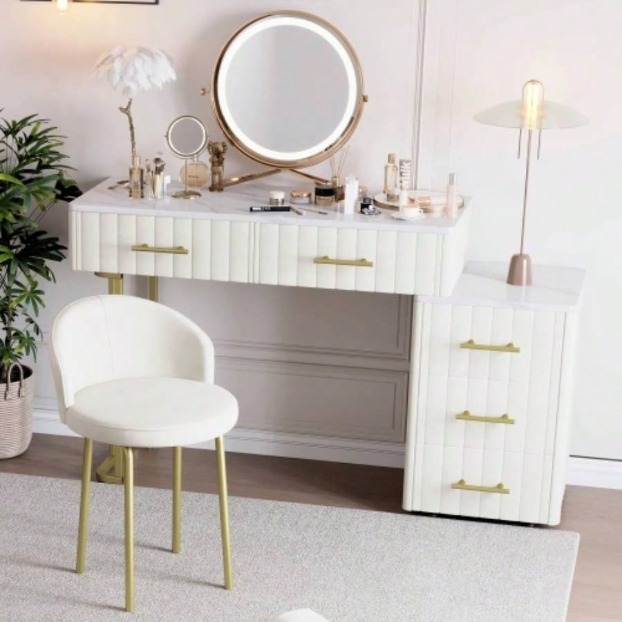 Velvet Upholstered Vanity Desk with Chair, Vanity Set with 5 Big Drawers, Makeup Table with Padded Chair, Marble - Look Sticker Top Dressing Table with Left/Right Adjustable Storage, Beige