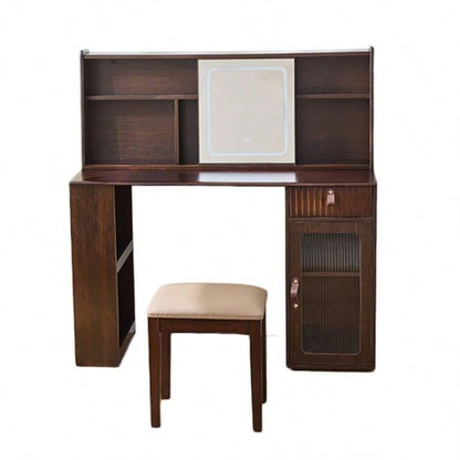 Elegant makeup vanity desk with 3 modes Adjustable Lighted Mirror, modern dressing table set with large shelves, drawer and canbinet, Walnut