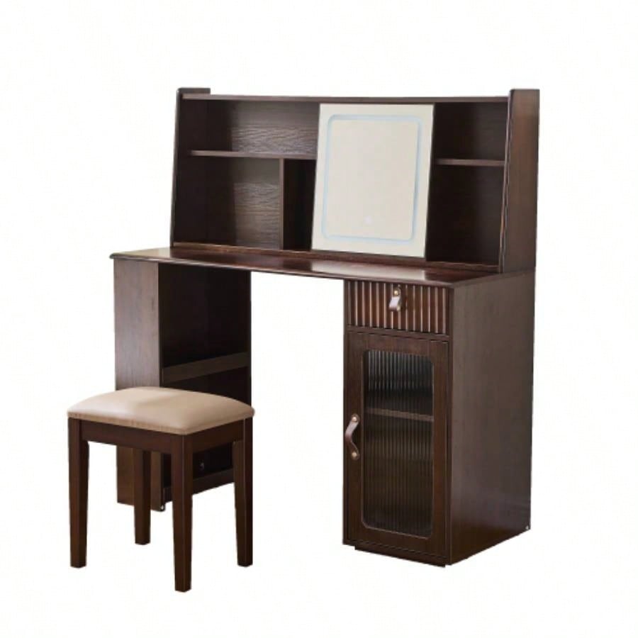 Elegant makeup vanity desk with 3 modes Adjustable Lighted Mirror, modern dressing table set with large shelves, drawer and canbinet, Walnut