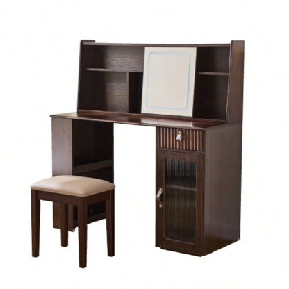 Elegant makeup vanity desk with 3 modes Adjustable Lighted Mirror, modern dressing table set with large shelves, drawer and canbinet, Walnut