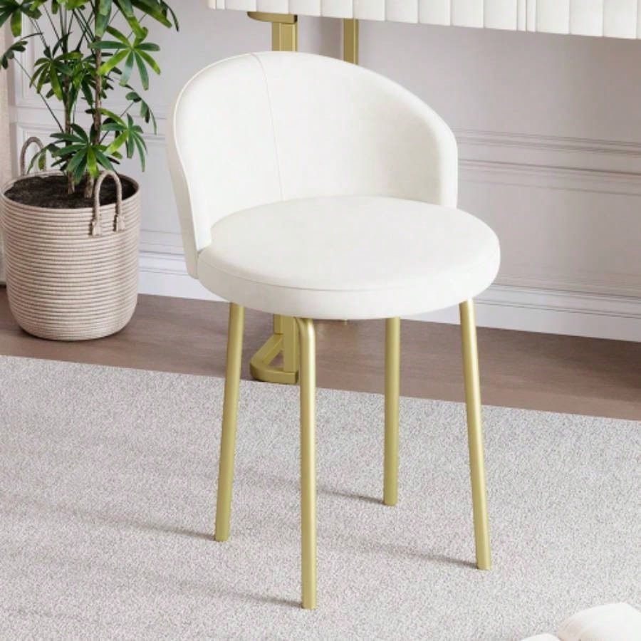 Velvet Upholstered Vanity Desk with Chair, Vanity Set with 5 Big Drawers, Makeup Table with Padded Chair, Marble - Look Sticker Top Dressing Table with Left/Right Adjustable Storage, Beige