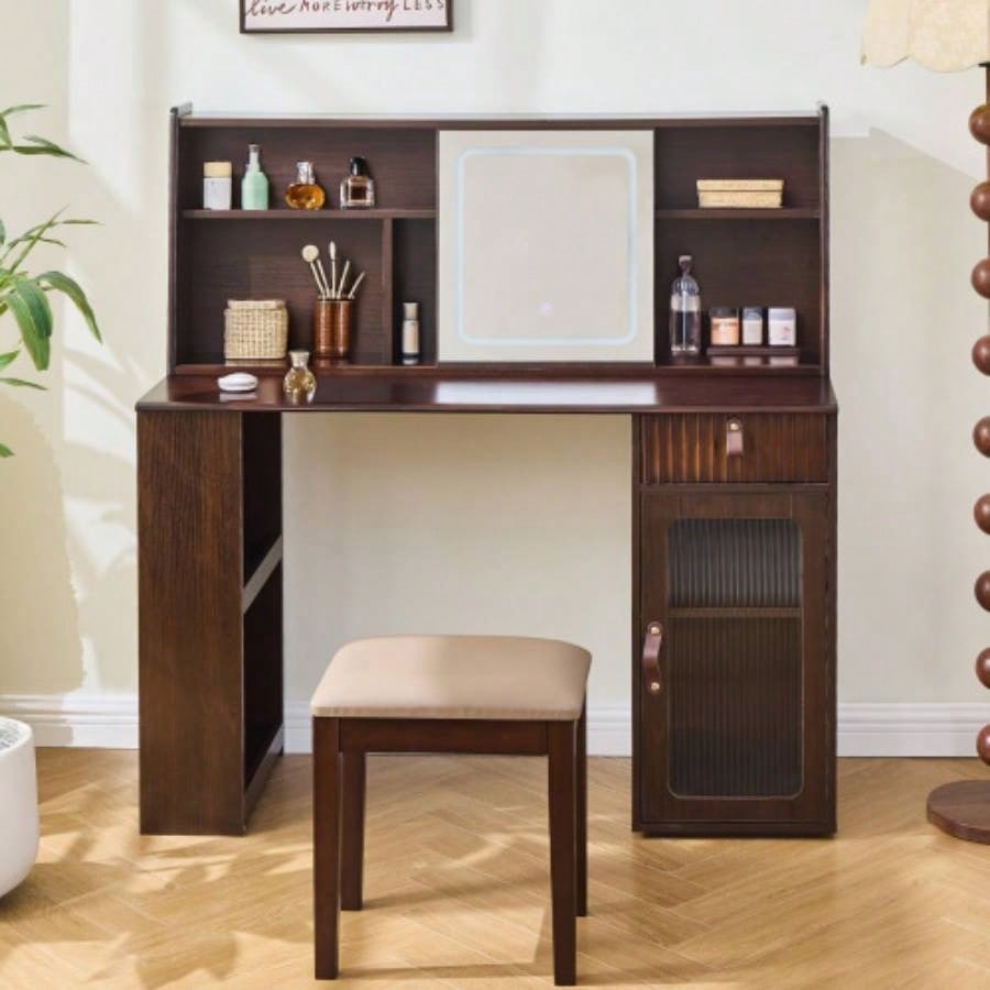 Elegant makeup vanity desk with 3 modes Adjustable Lighted Mirror, modern dressing table set with large shelves, drawer and canbinet, Walnut