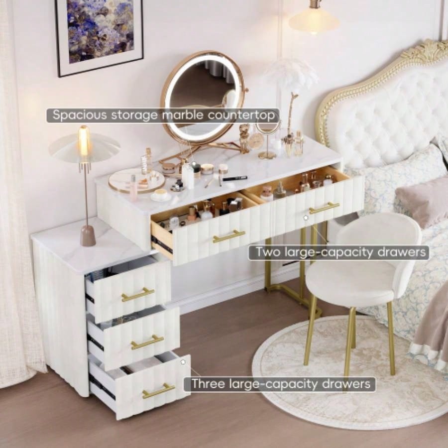 Velvet Upholstered Vanity Desk with Chair, Vanity Set with 5 Big Drawers, Makeup Table with Padded Chair, Marble - Look Sticker Top Dressing Table with Left/Right Adjustable Storage, Beige