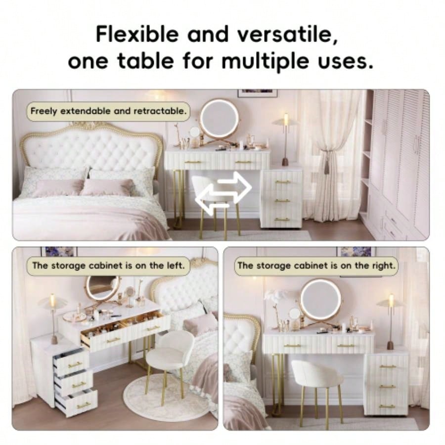 Velvet Upholstered Vanity Desk with Chair, Vanity Set with 5 Big Drawers, Makeup Table with Padded Chair, Marble - Look Sticker Top Dressing Table with Left/Right Adjustable Storage, Beige
