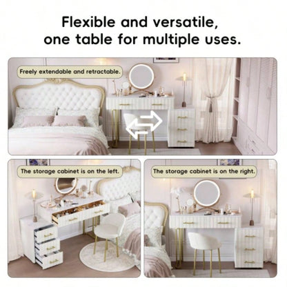 Velvet Upholstered Vanity Desk with Chair, Vanity Set with 5 Big Drawers, Makeup Table with Padded Chair, Marble - Look Sticker Top Dressing Table with Left/Right Adjustable Storage, Beige