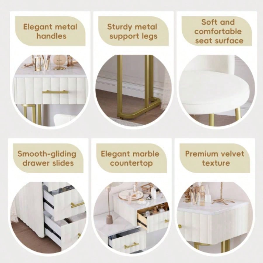 Velvet Upholstered Vanity Desk with Chair, Vanity Set with 5 Big Drawers, Makeup Table with Padded Chair, Marble - Look Sticker Top Dressing Table with Left/Right Adjustable Storage, Beige