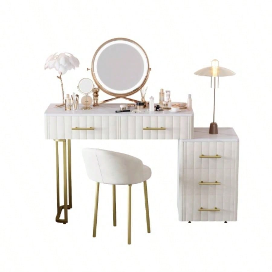Velvet Upholstered Vanity Desk with Chair, Vanity Set with 5 Big Drawers, Makeup Table with Padded Chair, Marble - Look Sticker Top Dressing Table with Left/Right Adjustable Storage, Beige