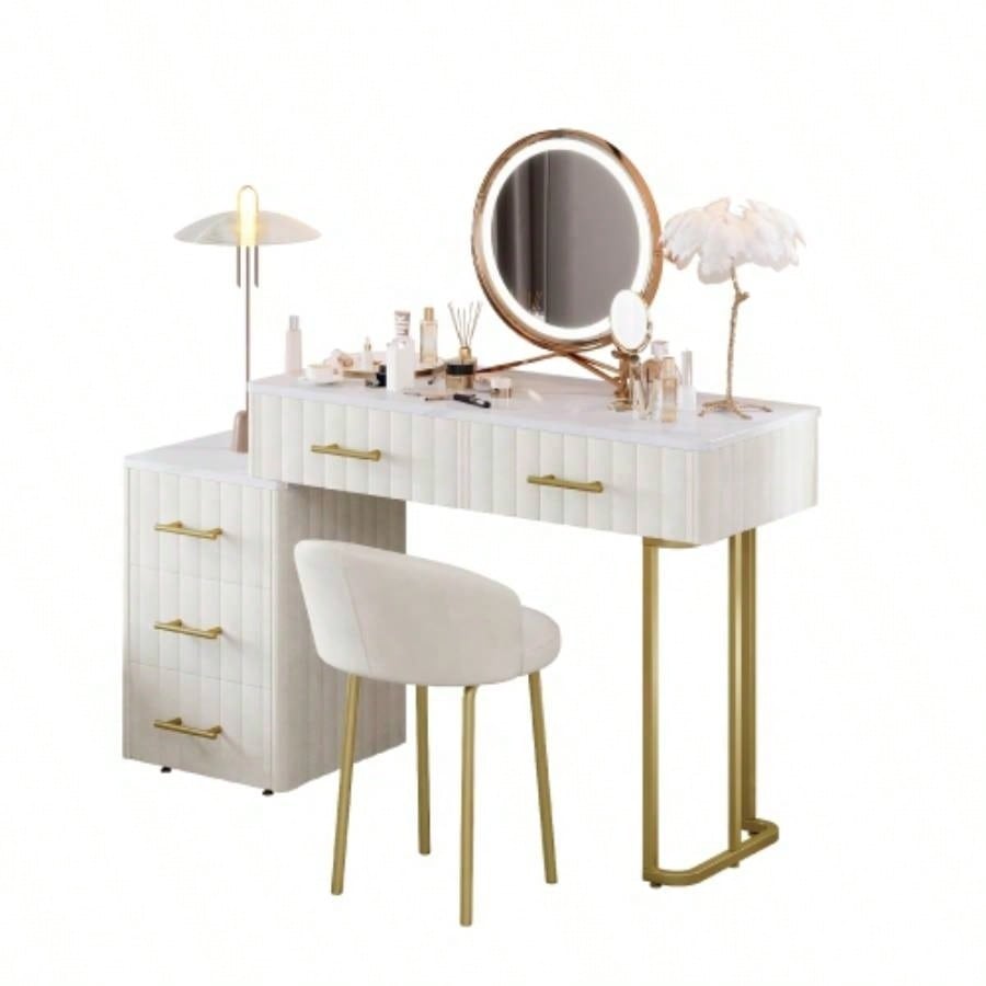 Velvet Upholstered Vanity Desk with Chair, Vanity Set with 5 Big Drawers, Makeup Table with Padded Chair, Marble - Look Sticker Top Dressing Table with Left/Right Adjustable Storage, Beige