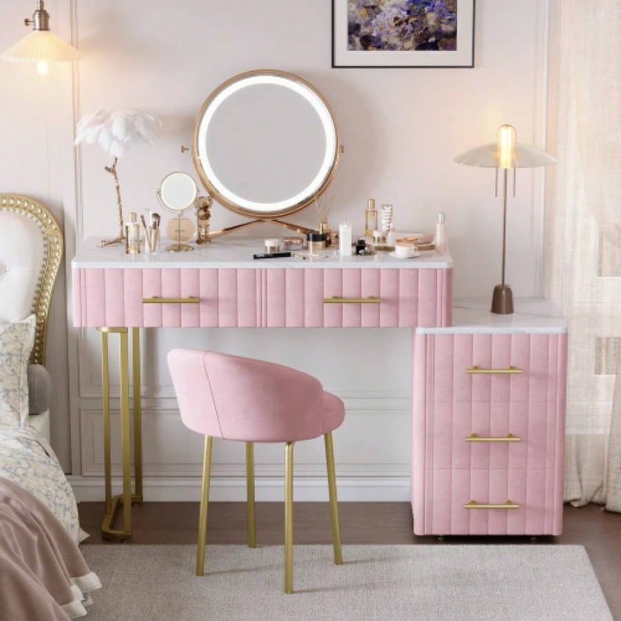 Velvet Upholstered Vanity Desk with Chair, Vanity Set with 5 Big Drawers, Makeup Table with Padded Chair, Marble - Look Sticker Top Dressing Table with Left/Right Adjustable Storage, Beige