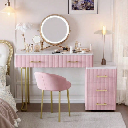 Velvet Upholstered Vanity Desk with Chair, Vanity Set with 5 Big Drawers, Makeup Table with Padded Chair, Marble - Look Sticker Top Dressing Table with Left/Right Adjustable Storage, Beige