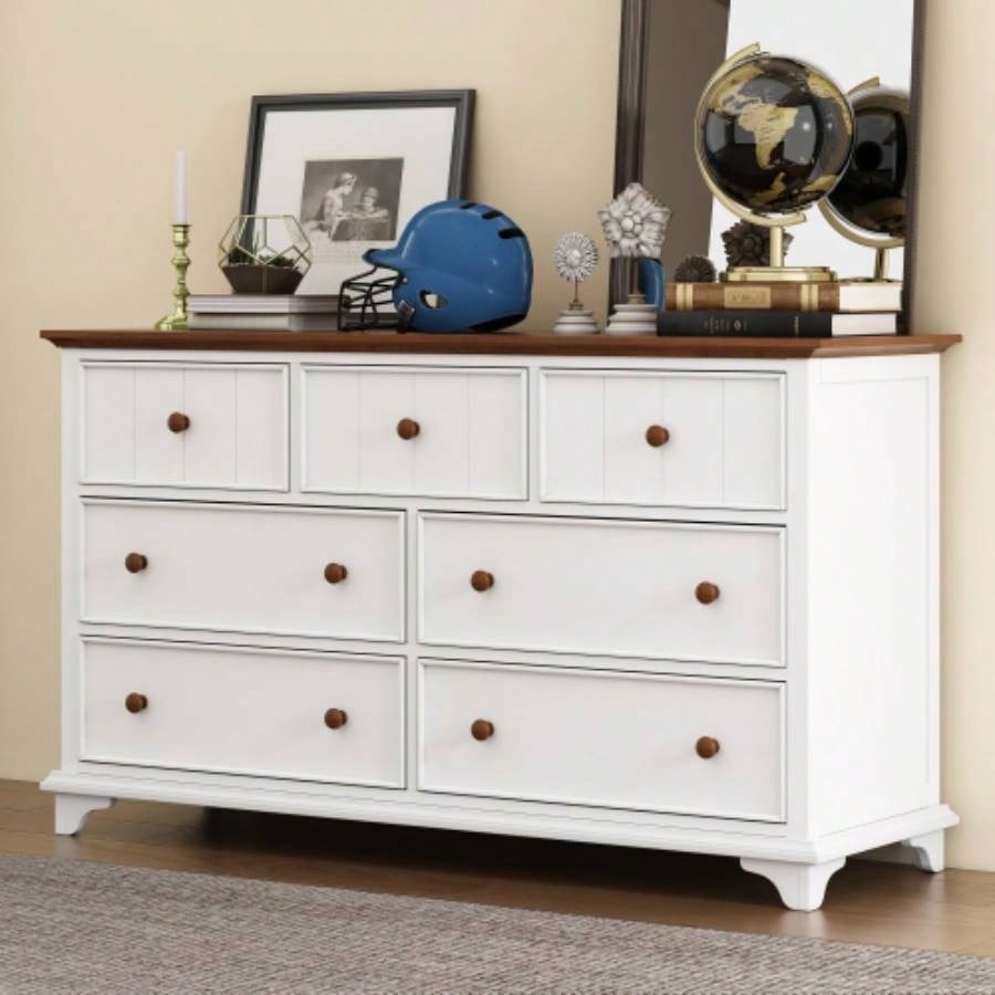 Wooden Captain Seven - Drawer Dresser Bedroom, Living Room, Kids Room, White+Walnut