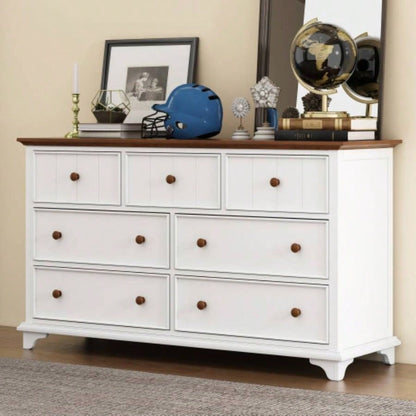 Wooden Captain Seven - Drawer Dresser Bedroom, Living Room, Kids Room, White+Walnut