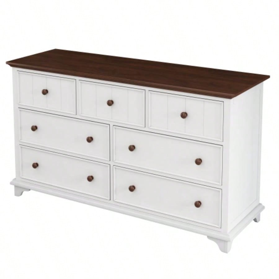 Wooden Captain Seven - Drawer Dresser Bedroom, Living Room, Kids Room, White+Walnut