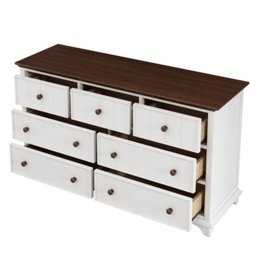 Wooden Captain Seven - Drawer Dresser Bedroom, Living Room, Kids Room, White+Walnut
