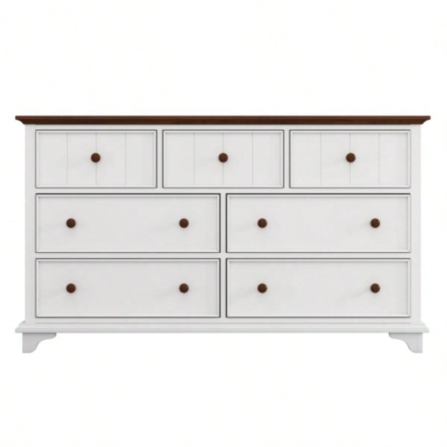 Wooden Captain Seven - Drawer Dresser Bedroom, Living Room, Kids Room, White+Walnut