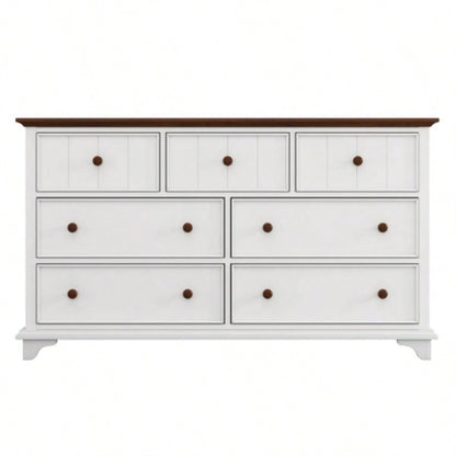 Wooden Captain Seven - Drawer Dresser Bedroom, Living Room, Kids Room, White+Walnut